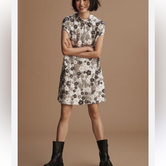 🔥🔥NWT Anthropologie Mock-Neck Floral Sequin Mini Dress - sz S/M - Picture 4 of 13